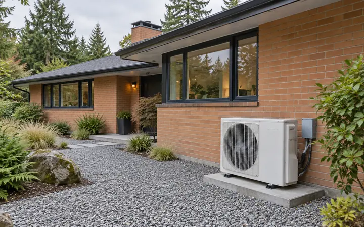 White outdoor heat pump on a concrete pad beside coral brick and a gravel path.