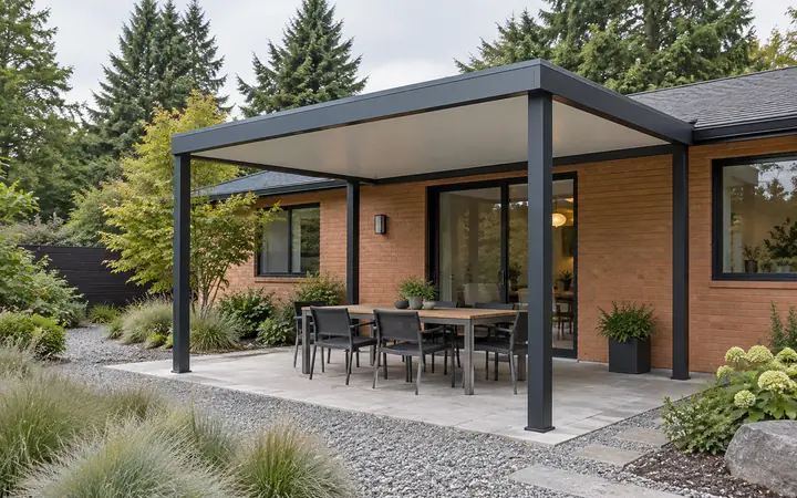 Black metal patio cover with a solid light roof over a paved dining area beside coral brick.