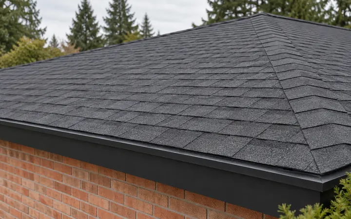 Charcoal asphalt roof edge above coral brick with a narrow black fascia.