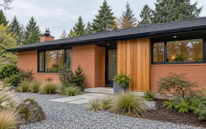 Natural cedar accent cladding meeting coral brick beneath a black soffit.