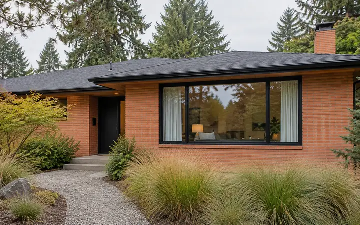 Black-framed picture window in coral brick with curtains and ornamental grasses outside.