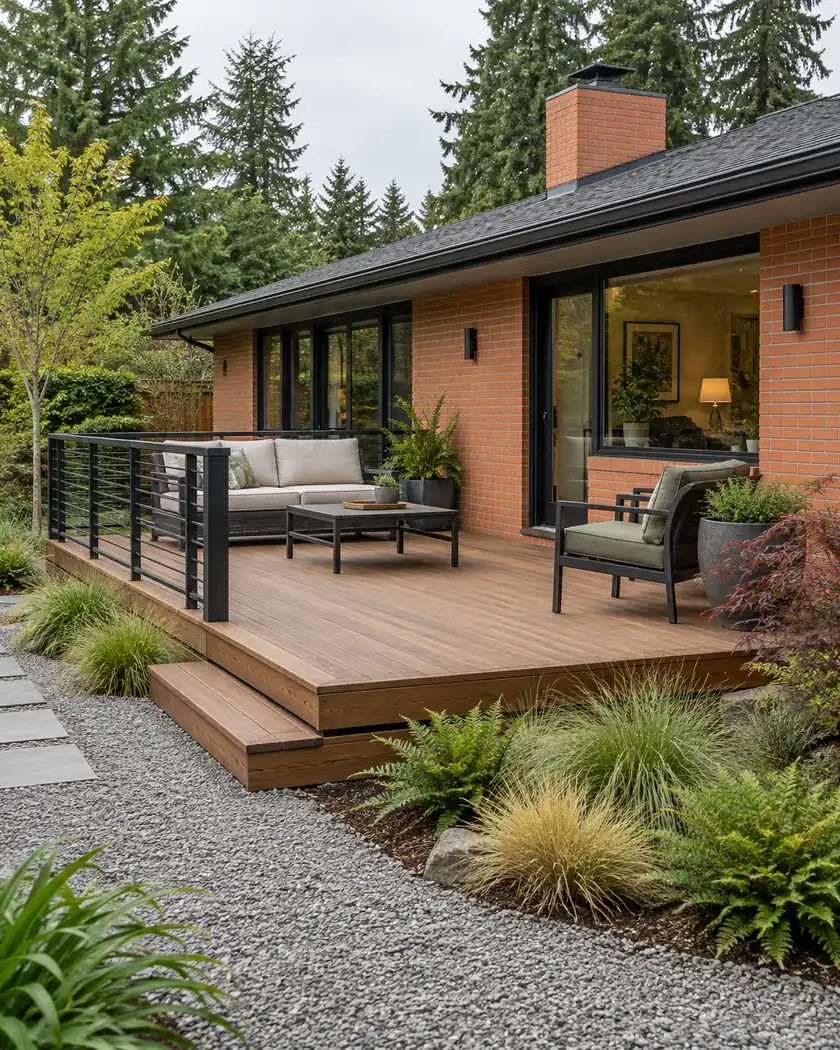 Low cedar deck with a black railing and movable outdoor furniture beside coral brick.