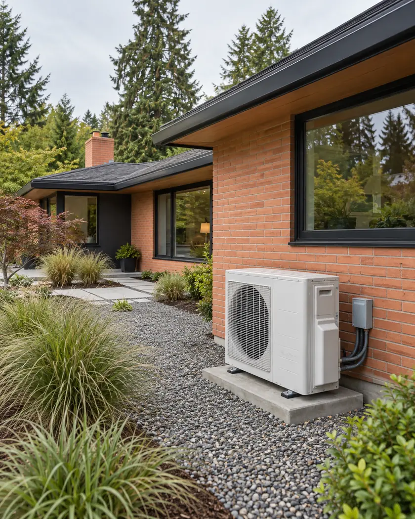 White outdoor heat pump on a concrete pad beside coral brick and a gravel path.