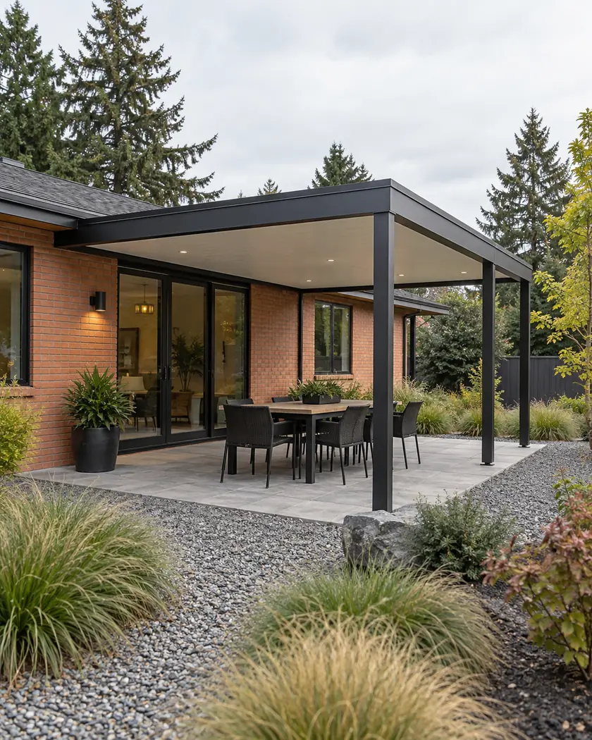 Black metal patio cover with a solid light roof over a paved dining area beside coral brick.