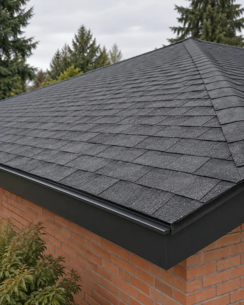 Charcoal asphalt roof edge above coral brick with a narrow black fascia.