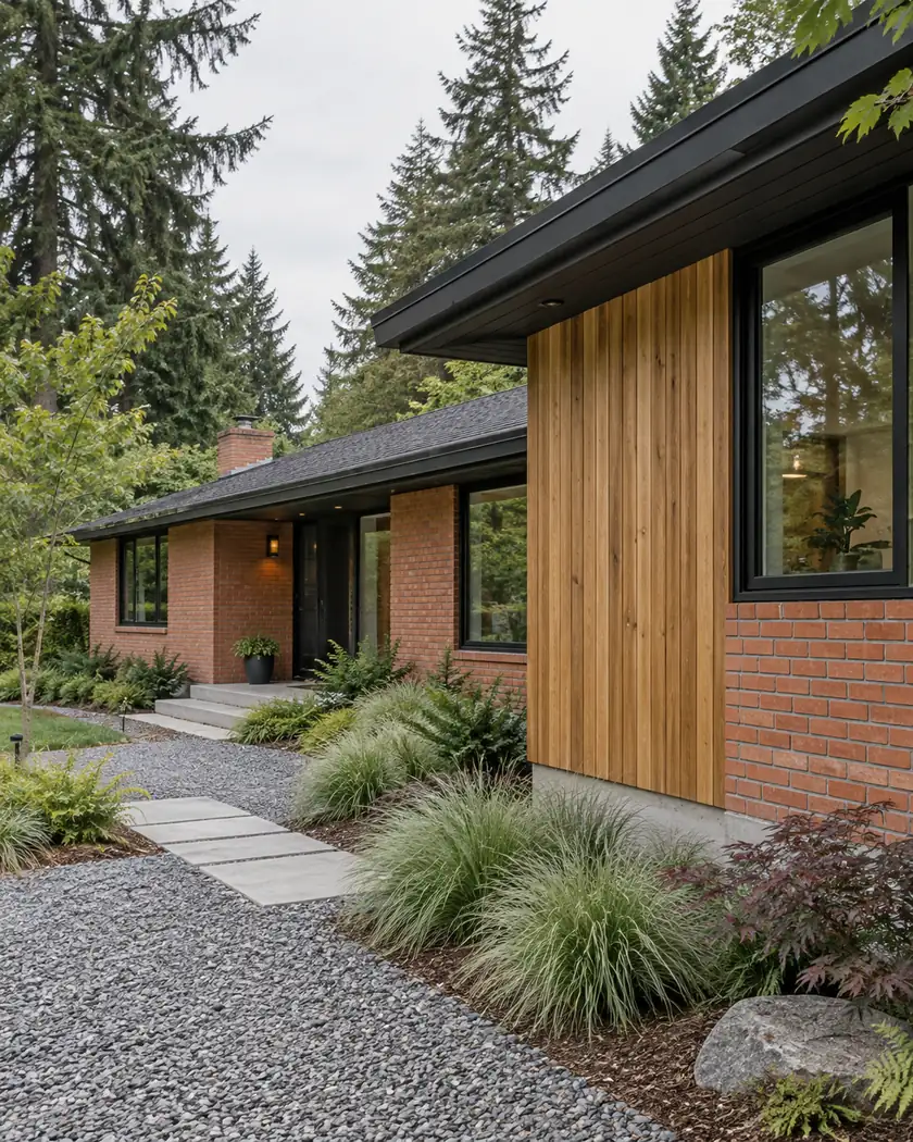 Natural cedar accent cladding meeting coral brick beneath a black soffit.