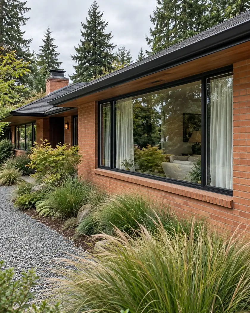Black-framed picture window in coral brick with curtains and ornamental grasses outside.