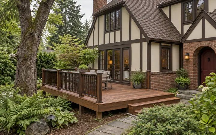 Cedar deck with dark wood railing beside a cream cottage and a mature garden tree.