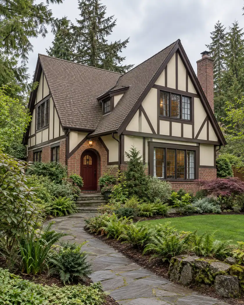 Cream two-story cottage with dark decorative timber trim, brown shingle gables, brick base and a planted garden.