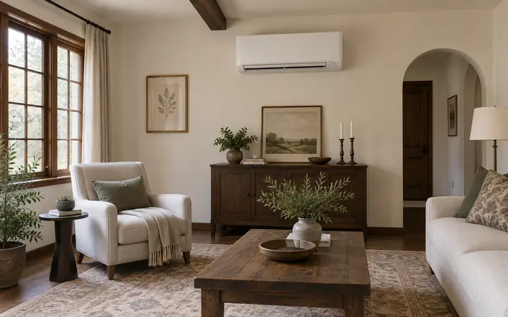 White indoor heat pump head in a cream living room with a dark wood beam and neutral chair.