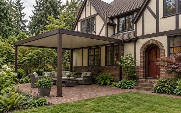 Dark brown patio cover with a cream roof and straight posts over a brick paved seating area.