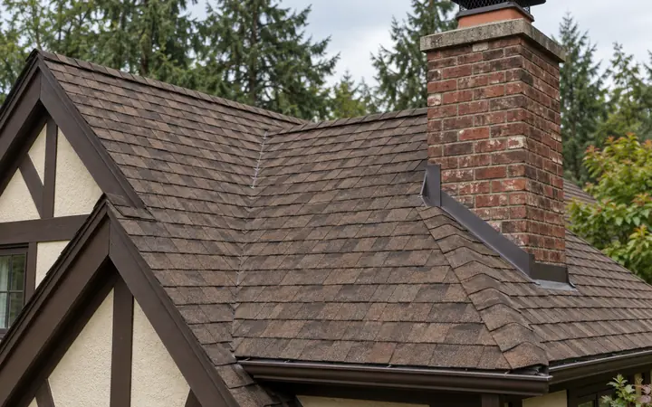 Brown shingle roof meeting a brick chimney above a cream cottage wall.