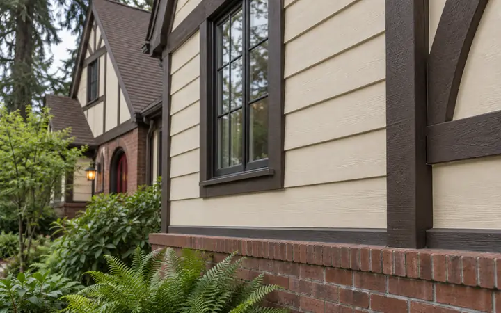 Cream horizontal lap cladding with dark trim above a red-brown brick base.