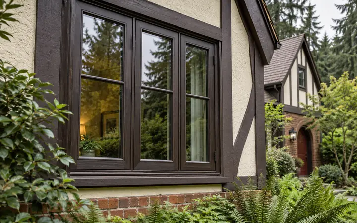 Dark-framed casement window set in a cream wall beside decorative timber trim and ferns.