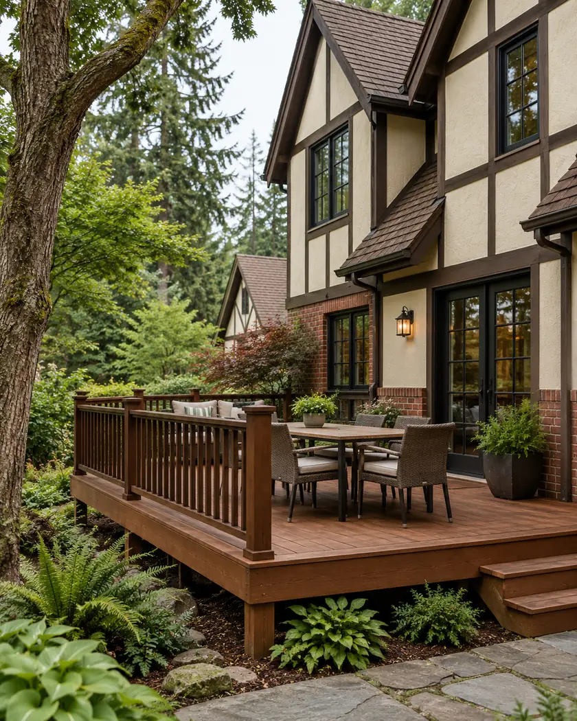 Cedar deck with dark wood railing beside a cream cottage and a mature garden tree.