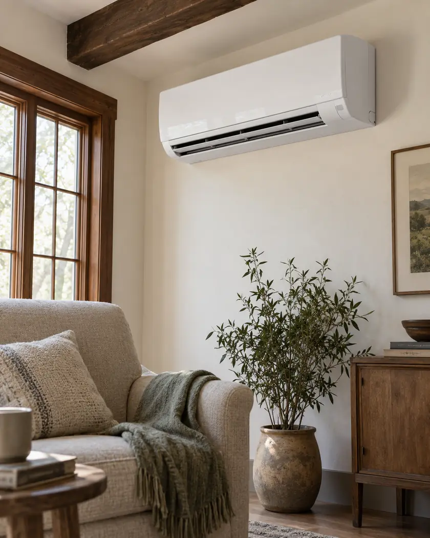White indoor heat pump head in a cream living room with a dark wood beam and neutral chair.