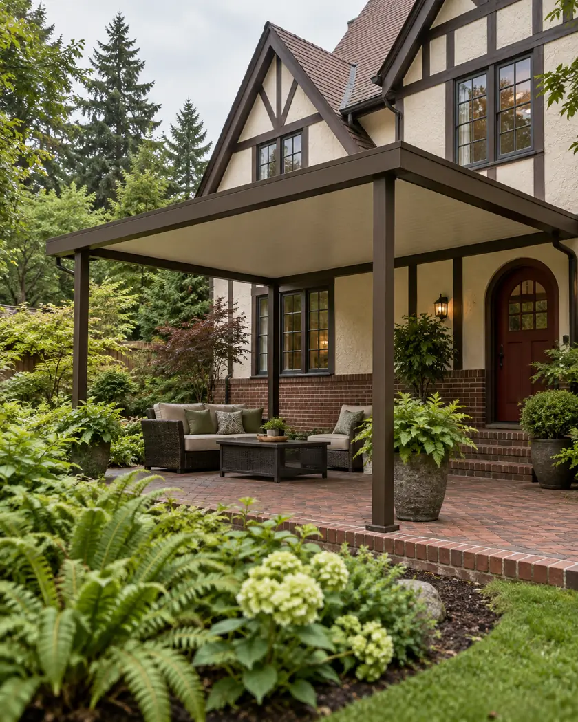 Dark brown patio cover with a cream roof and straight posts over a brick paved seating area.