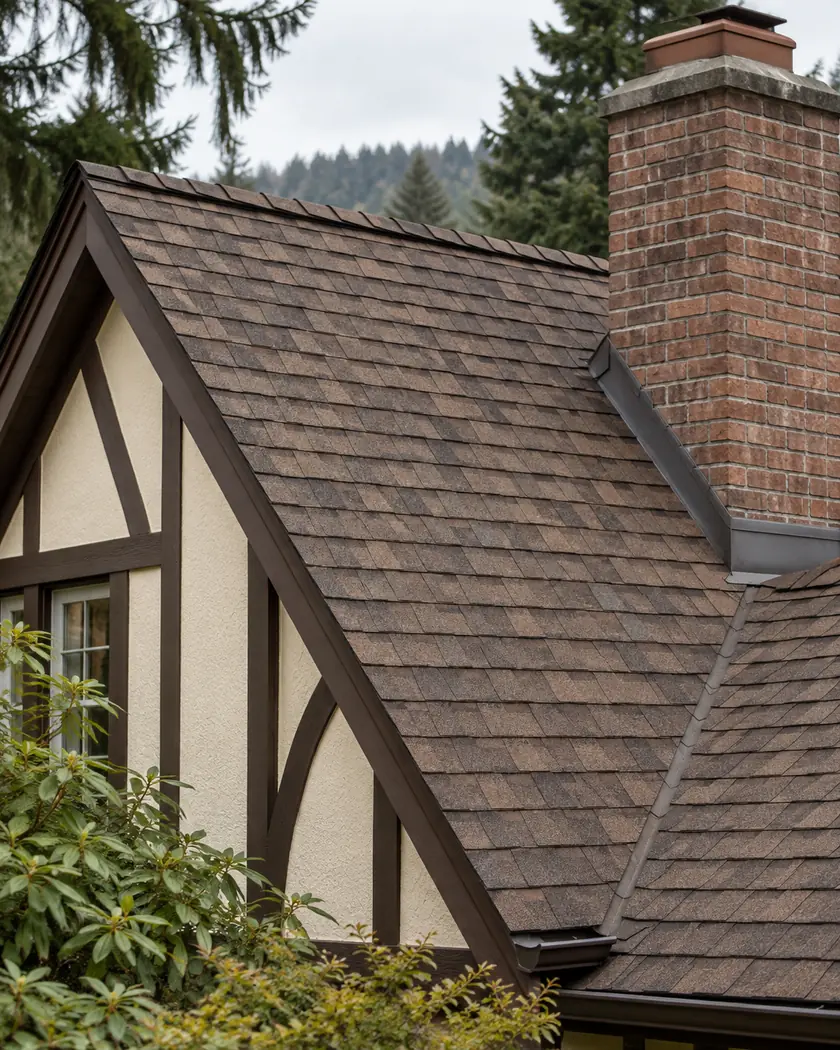 Brown shingle roof meeting a brick chimney above a cream cottage wall.