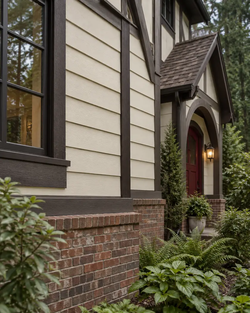 Cream horizontal lap cladding with dark trim above a red-brown brick base.