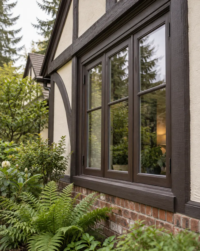 Dark-framed casement window set in a cream wall beside decorative timber trim and ferns.