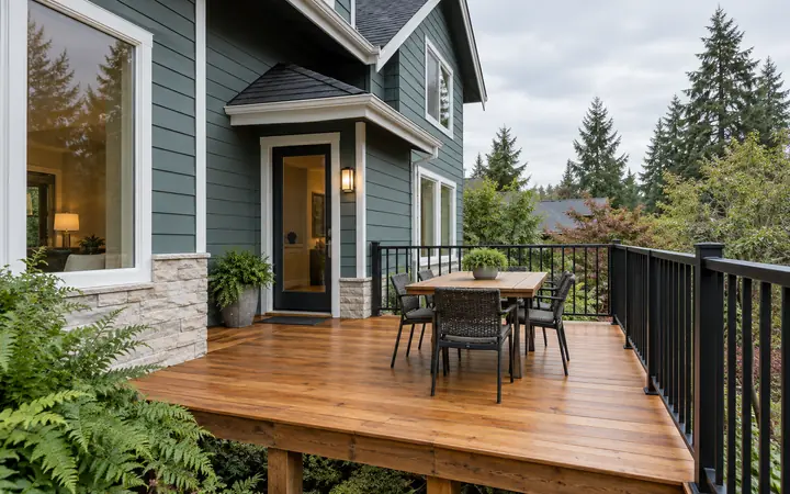 Cedar deck with straight black railing and a small outdoor table beside a teal home.
