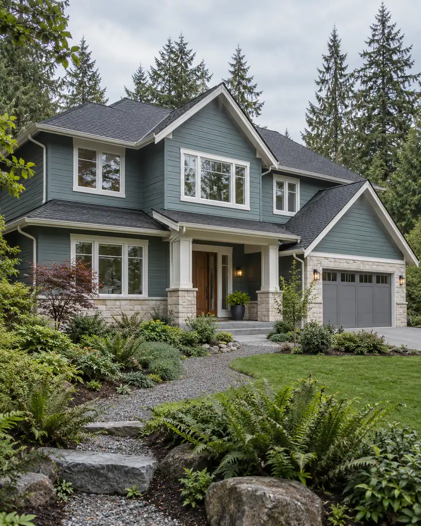 Teal two-story home with charcoal shingle gables, white windows, pale stone accents and a planted garden.