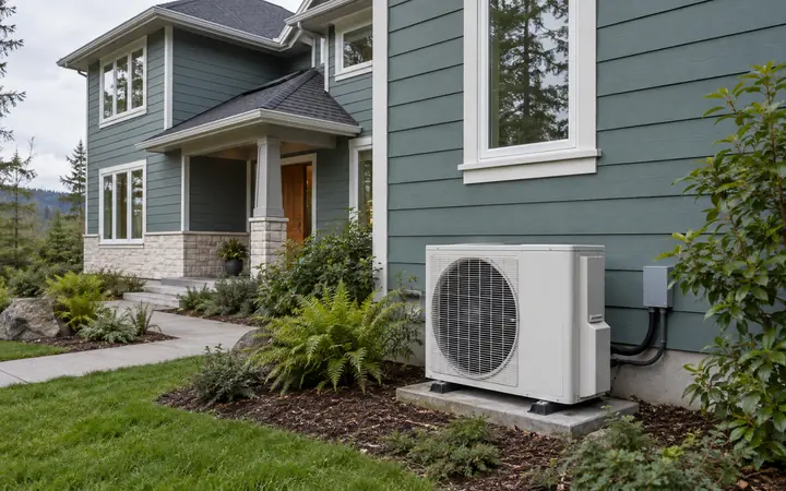 White outdoor heat pump on a level pad beside a teal house wall.
