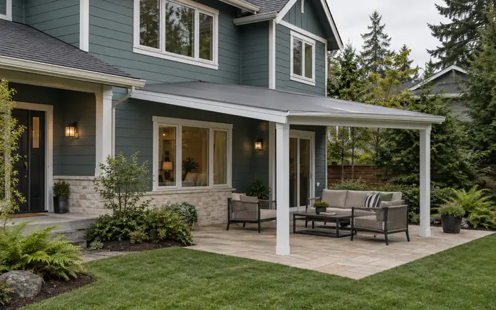 White-framed solid patio cover above pale paving and a small seating group beside a teal house.