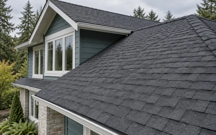 Charcoal shingle roof slope with a matching ridge cap above a teal house wall.