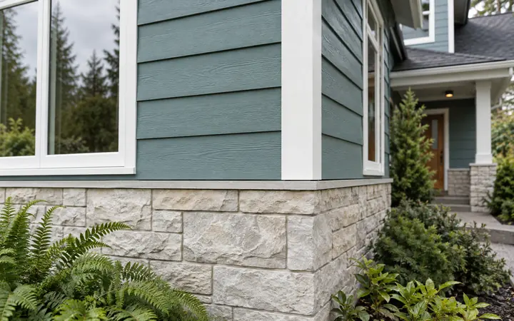 Teal horizontal lap cladding meeting pale stone accents and white corner trim.