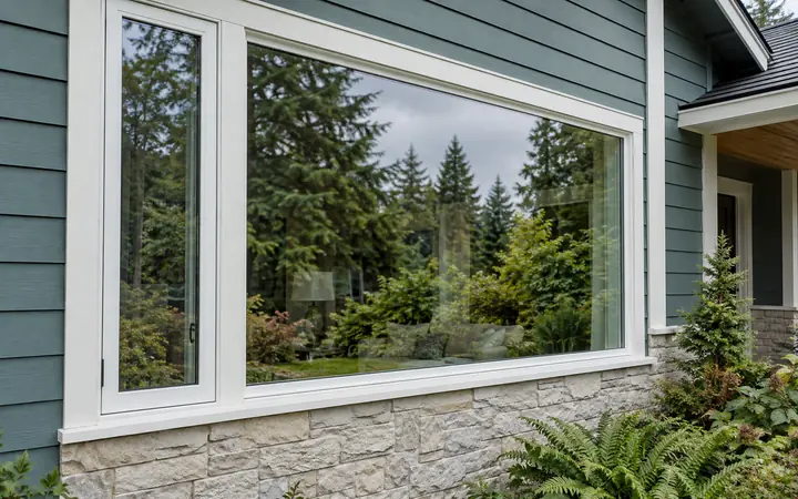 White-framed picture window with a side casement in teal horizontal siding.