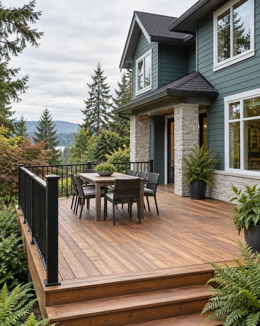 Cedar deck with straight black railing and a small outdoor table beside a teal home.