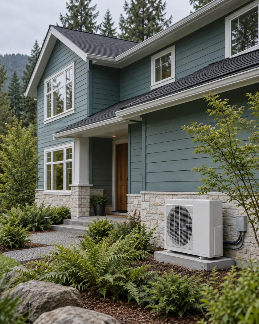 White outdoor heat pump on a level pad beside a teal house wall.