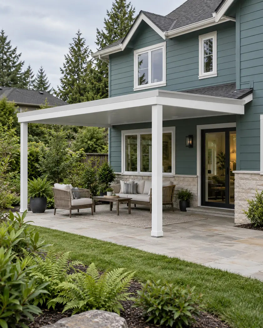 White-framed solid patio cover above pale paving and a small seating group beside a teal house.