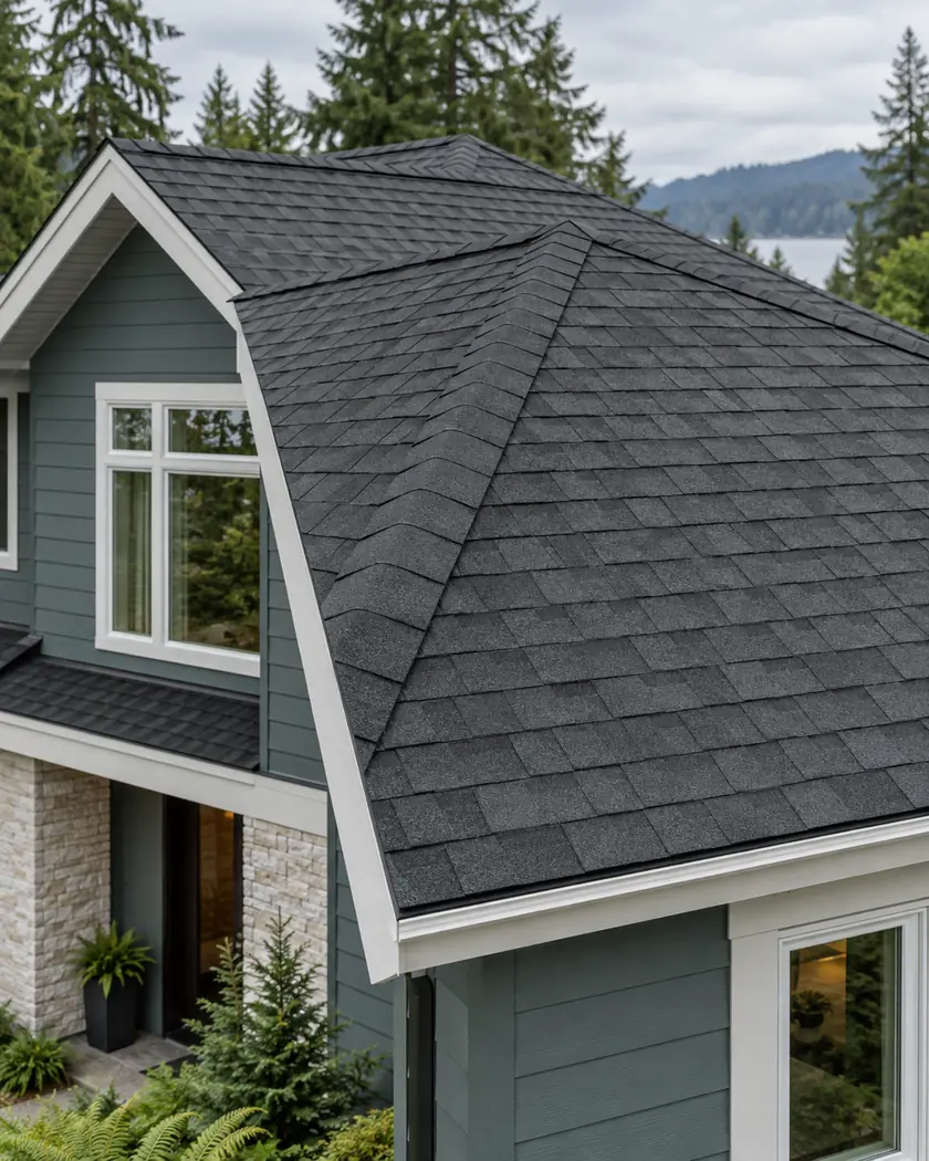 Charcoal shingle roof slope with a matching ridge cap above a teal house wall.