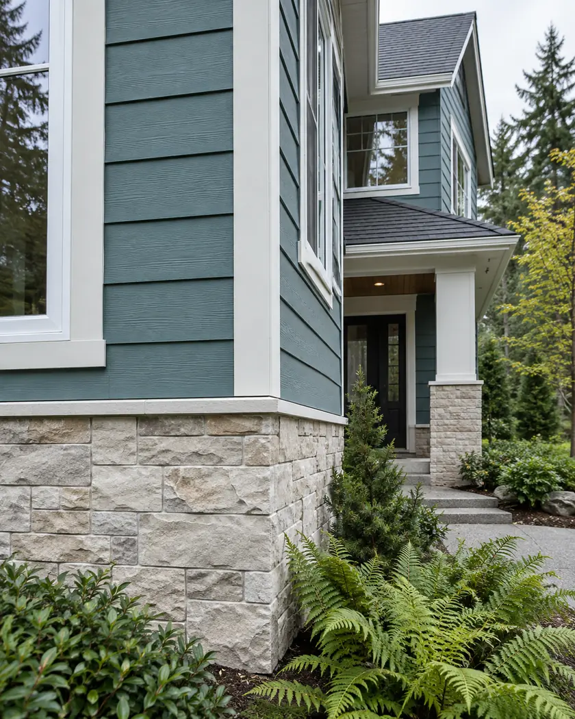 Teal horizontal lap cladding meeting pale stone accents and white corner trim.