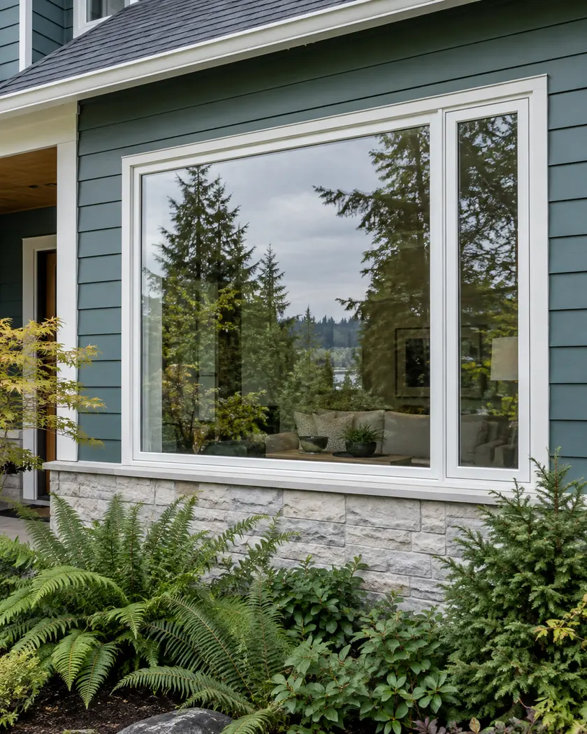 White-framed picture window with a side casement in teal horizontal siding.