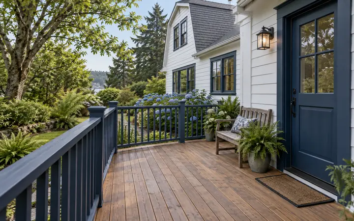Cedar deck with navy vertical railing and a small bench beside a white cottage wall.