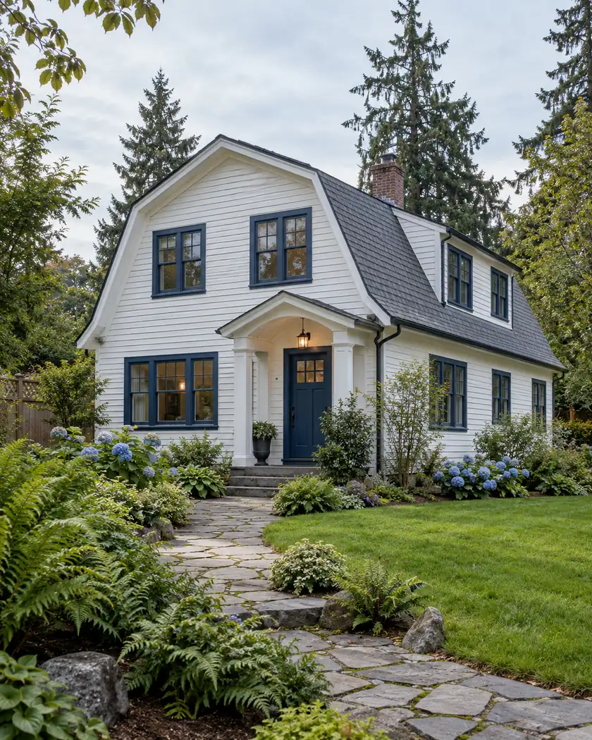 White cottage with a gray gambrel roof, navy window trim, blue door and a planted garden.