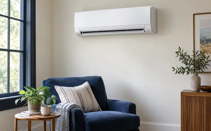 White indoor heat pump head above a blue chair in a pale living room with navy window trim.
