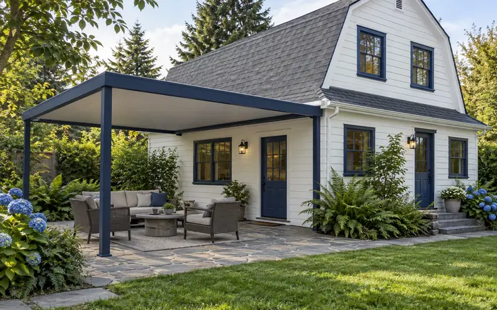 Navy-framed patio cover with a light gray solid roof and straight posts above a stone seating area.