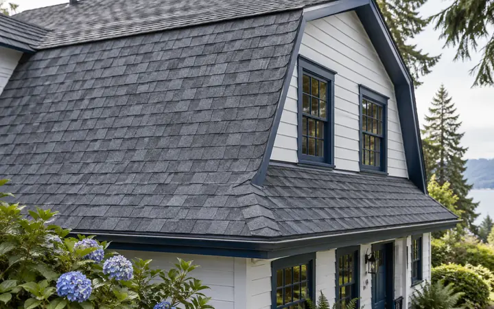 Gray shingle gambrel roof showing its steep lower slope and upper roof plane above a white cottage wall.