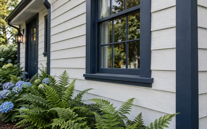 White horizontal lap siding around a navy window frame and navy corner trim beside ferns.