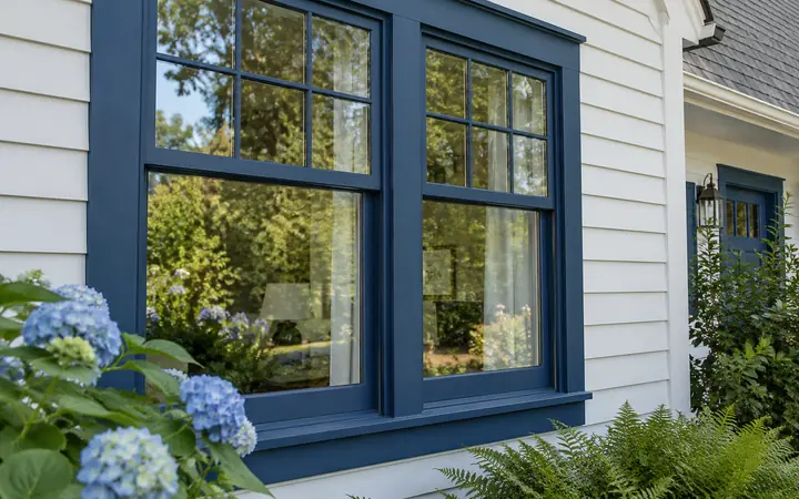 Navy-framed rectangular windows with clear garden reflections in a white-sided cottage.
