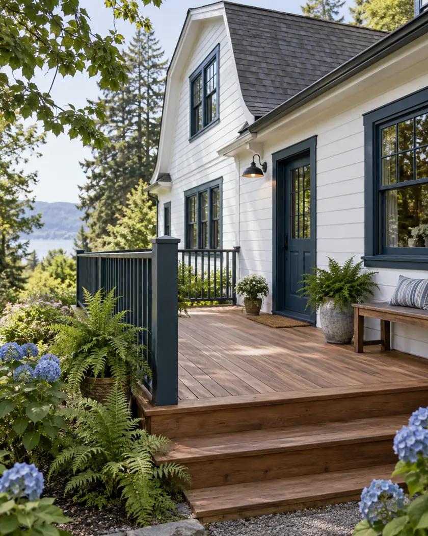 Cedar deck with navy vertical railing and a small bench beside a white cottage wall.