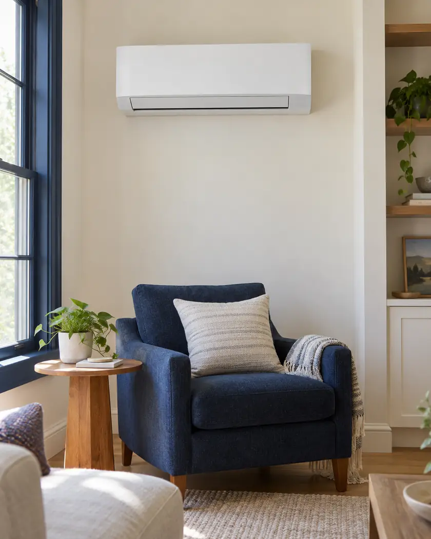 White indoor heat pump head above a blue chair in a pale living room with navy window trim.