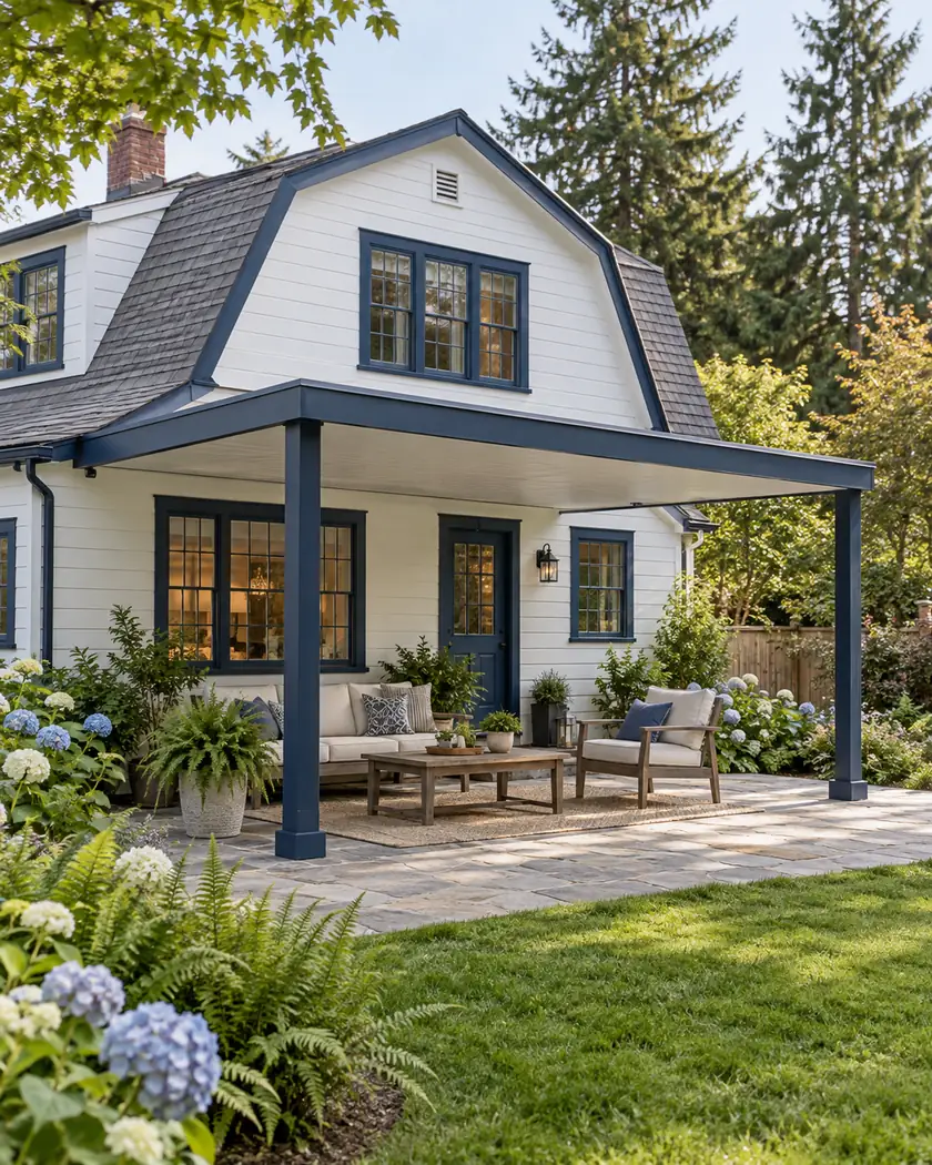 Navy-framed patio cover with a light gray solid roof and straight posts above a stone seating area.