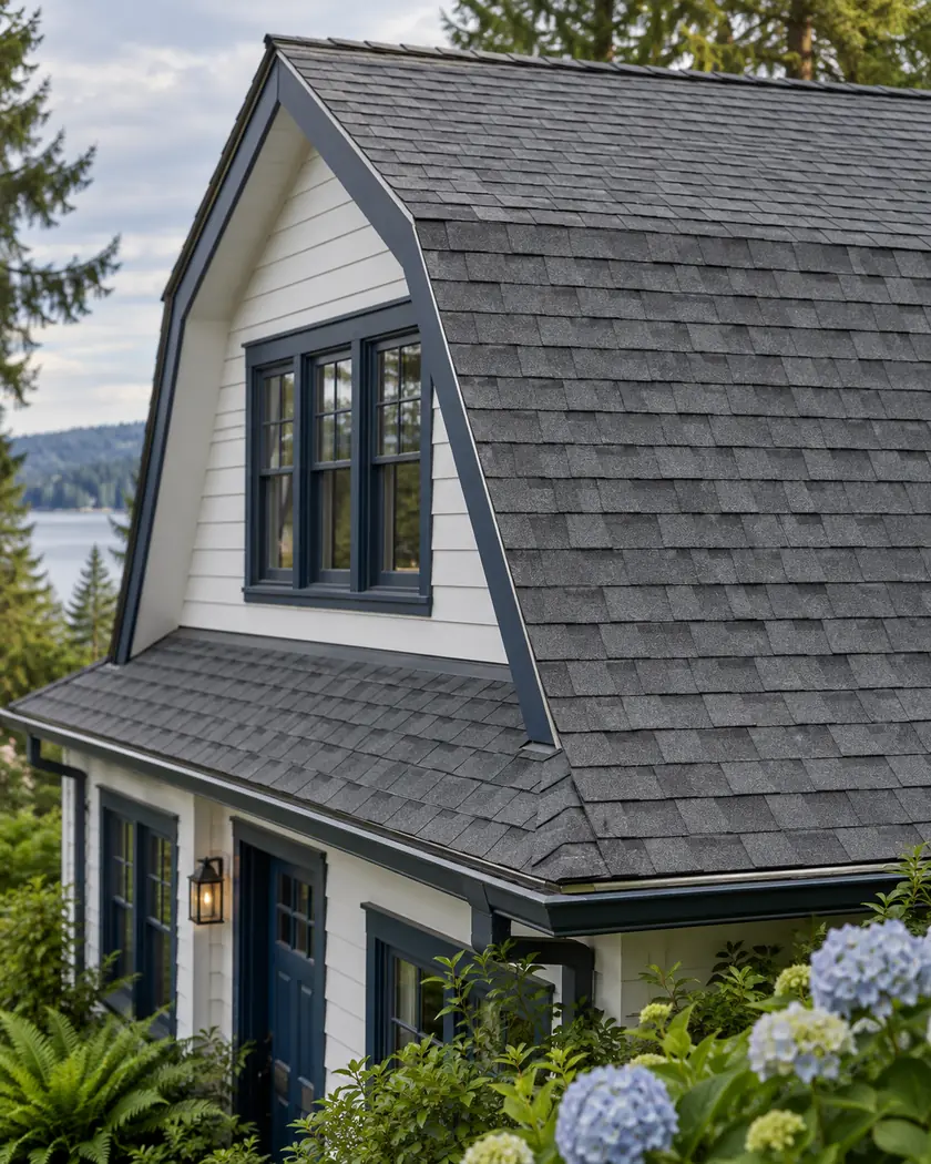 Gray shingle gambrel roof showing its steep lower slope and upper roof plane above a white cottage wall.
