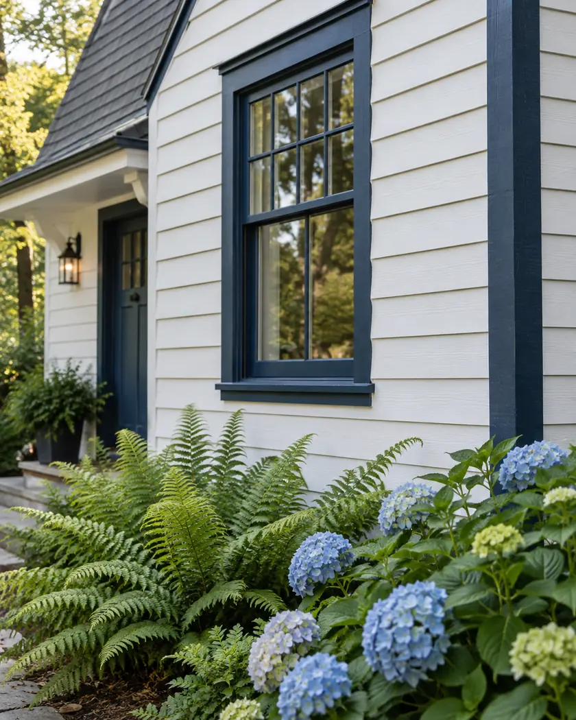 White horizontal lap siding around a navy window frame and navy corner trim beside ferns.