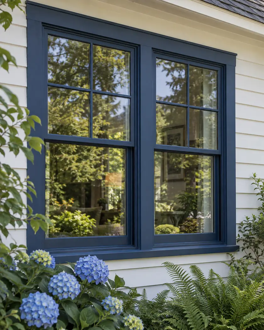 Navy-framed rectangular windows with clear garden reflections in a white-sided cottage.
